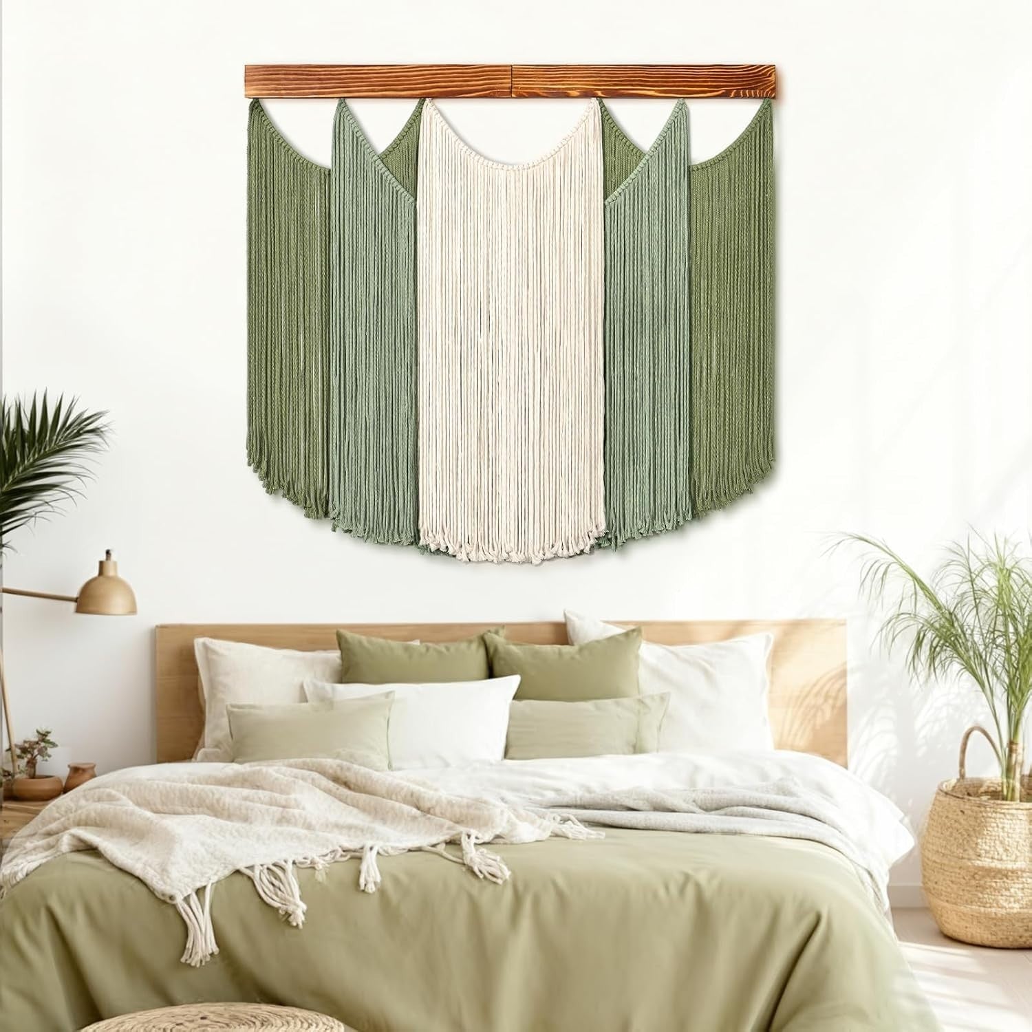 Boho Macrame Wall Hanging Dip-Dyed Green Beige Woven Tapestry