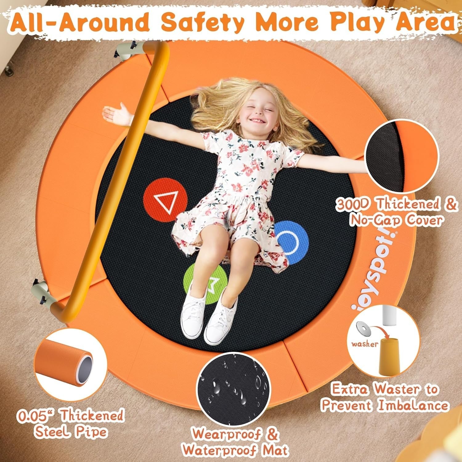 3FT Kids Trampoline Adjustable Handle Silent Indoor Rebounder Ages 1-6