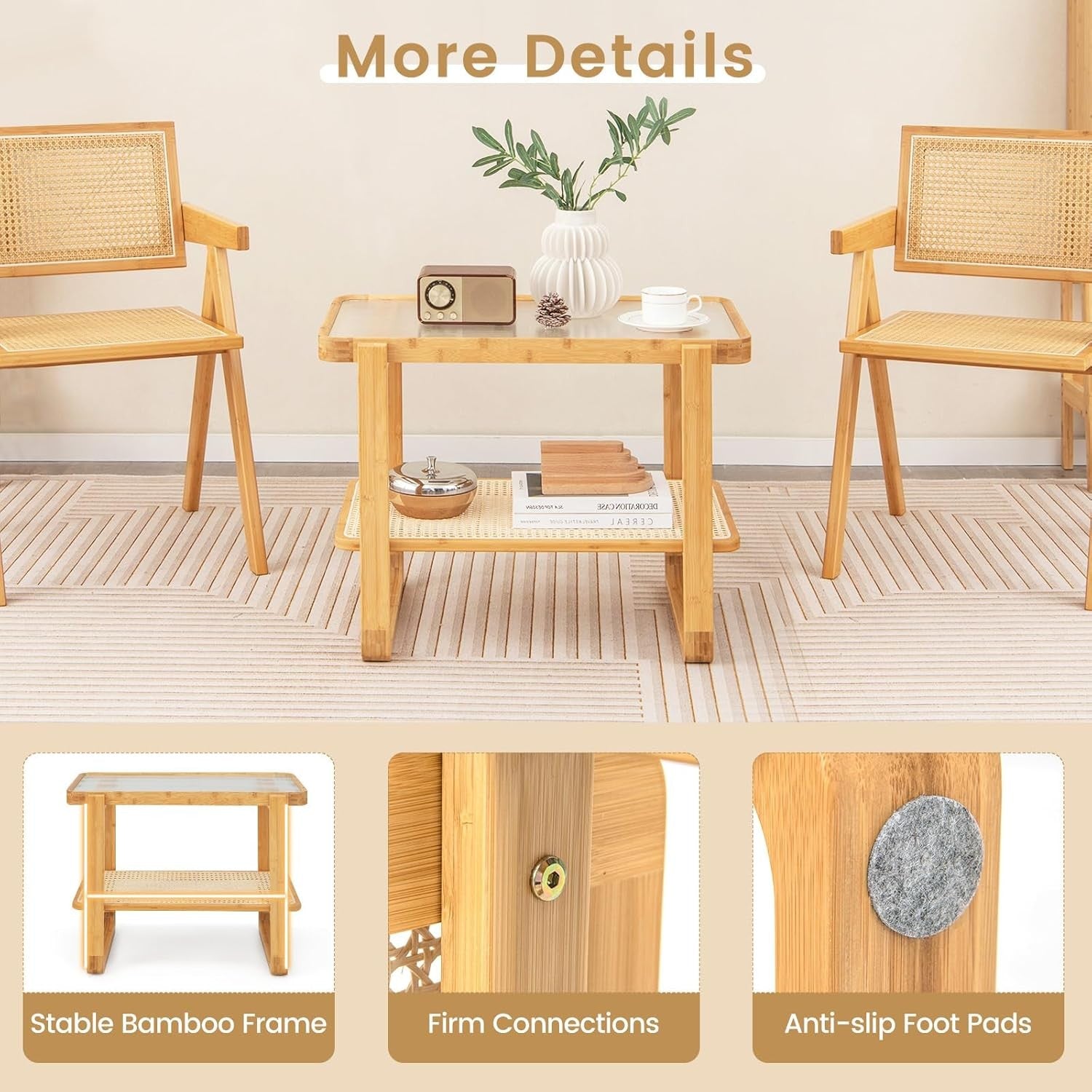 Modern Bamboo Side Table with Tempered Glass Top, 2-Tier Storage Shelf 70x44x55c