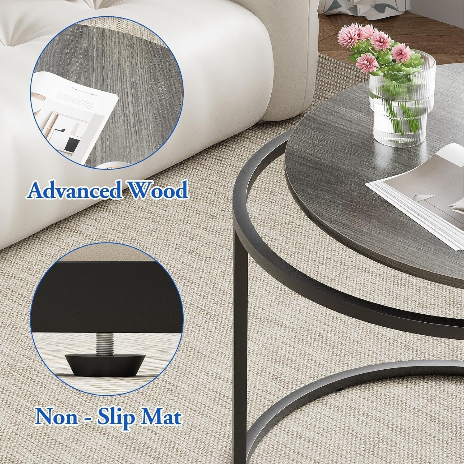 Grey Round Nesting Coffee Table Set 2, Modern Living Room Side End Tables
