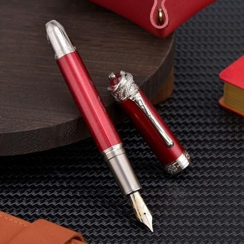 Wine Red Piston Fountain Pen Extra Fine Nib Snake Engraved Metal Gift Set