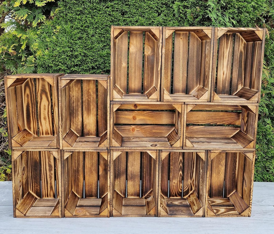 12-Piece Burnt Effect Wooden Storage Crates Organizer 30x20x15cm Durable