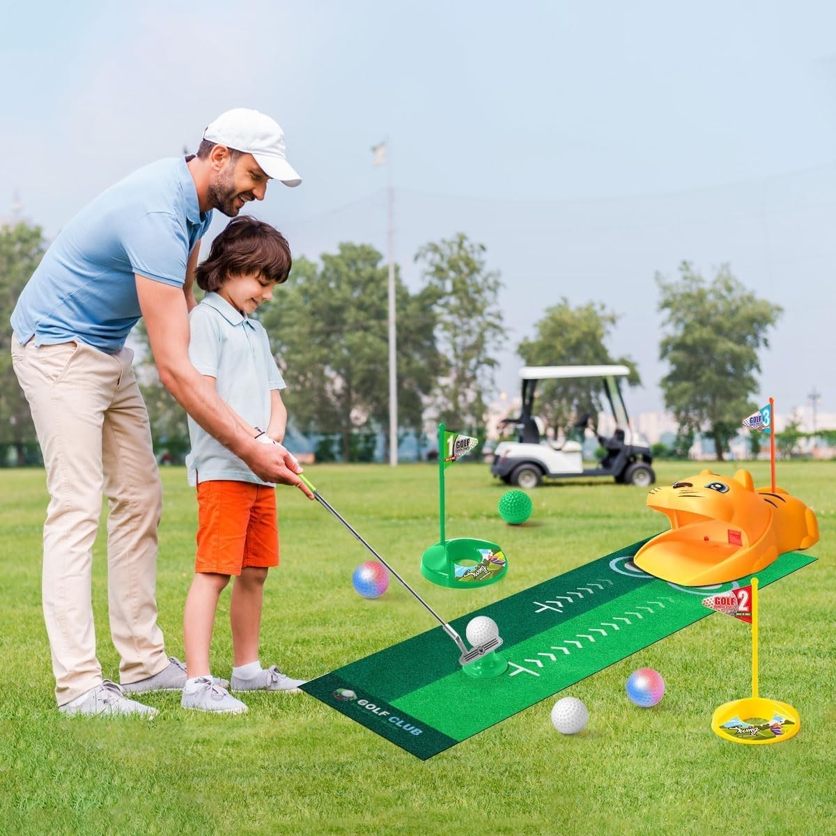 Kids Golf Training Set with Auto Ball Return LED Practice Mat & Clubs