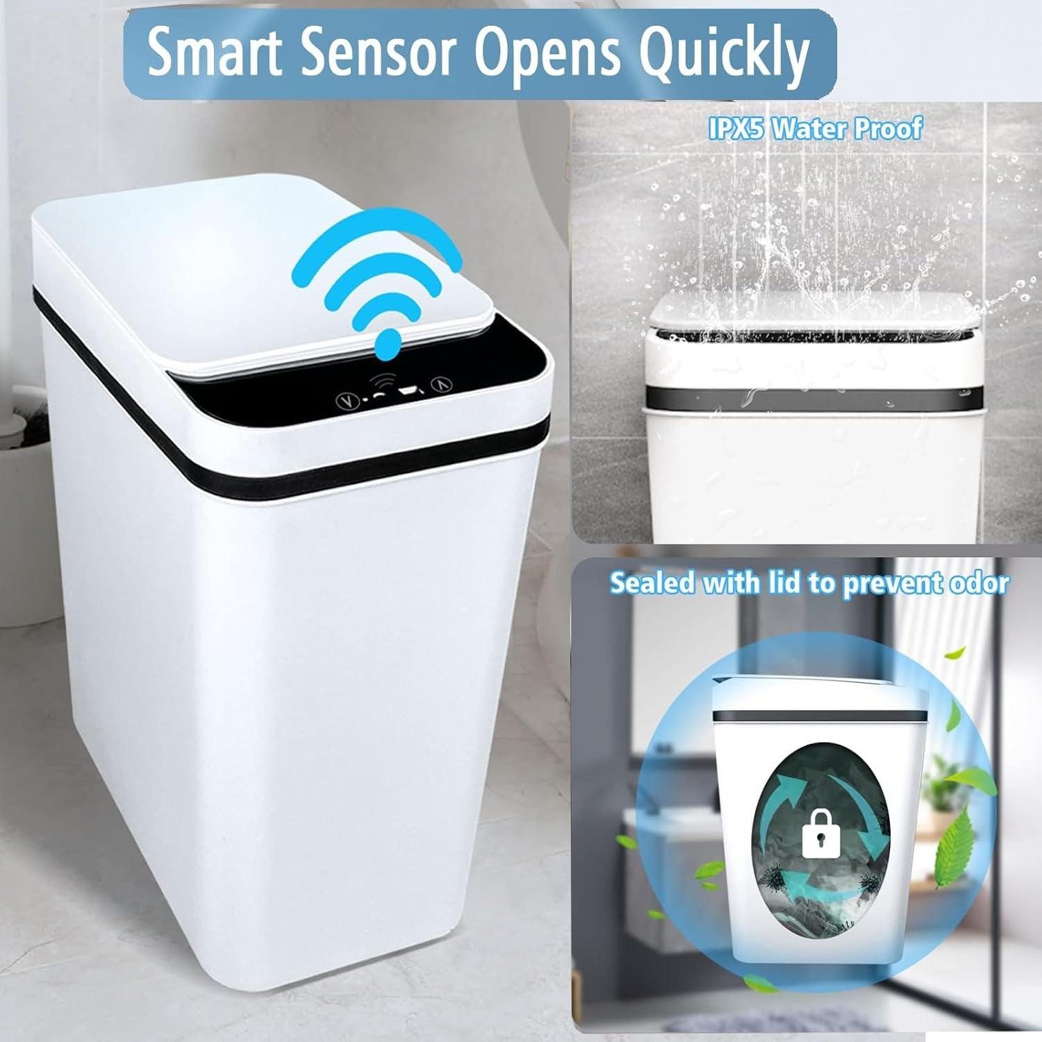10L Touchless Bathroom Sensor Bin Slim Automatic Waste Bin White