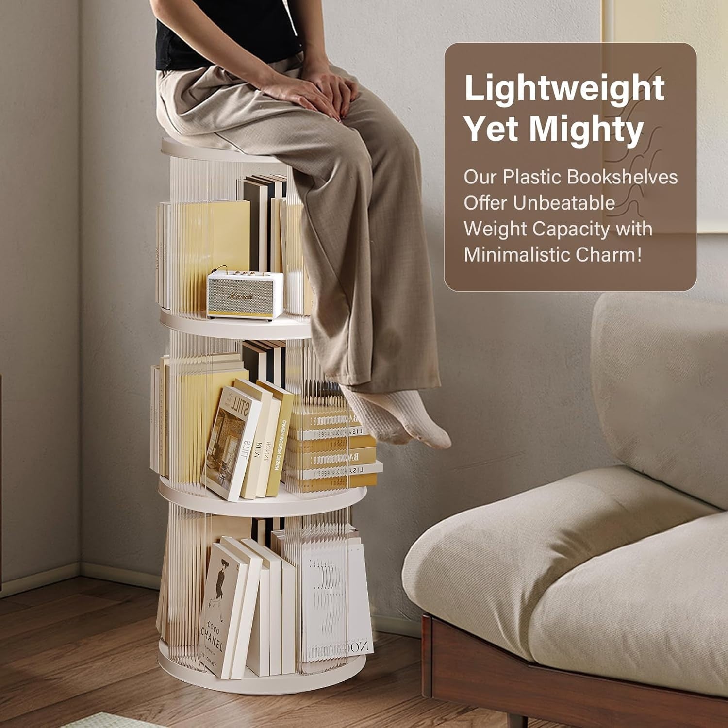 360° Rotating  Round Plastic Corner Bookshelf 4-Tier Floor Standing Shelf White