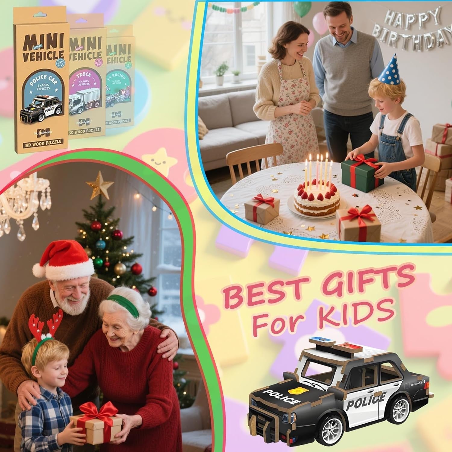 3D Wooden Police Car Puzzle for Kids 6-12 - Educational DIY Model Toy