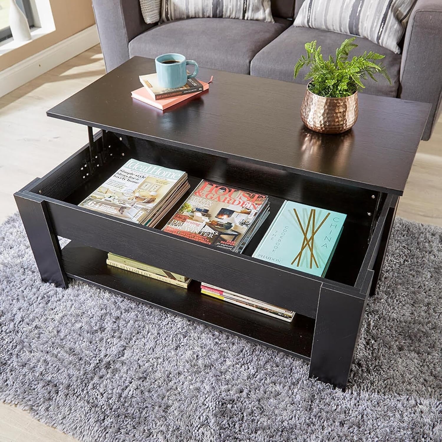 Lift Top Black Coffee Table 100x50cm with Hidden Storage & Magazine Shelf