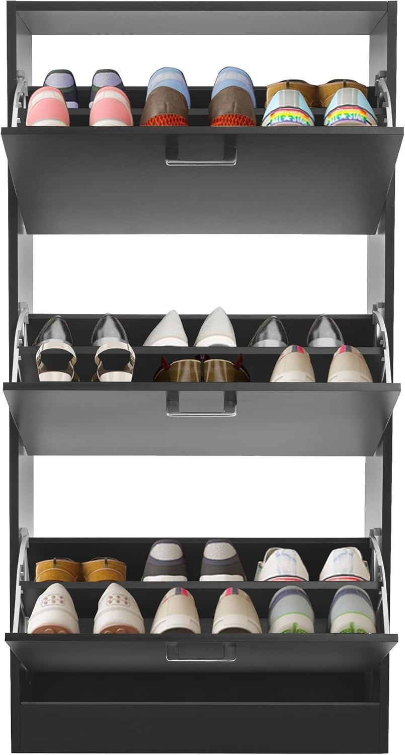 3 Tier Shoe Storage Cabinet Space Saving Organiser with Pull Down Drawers