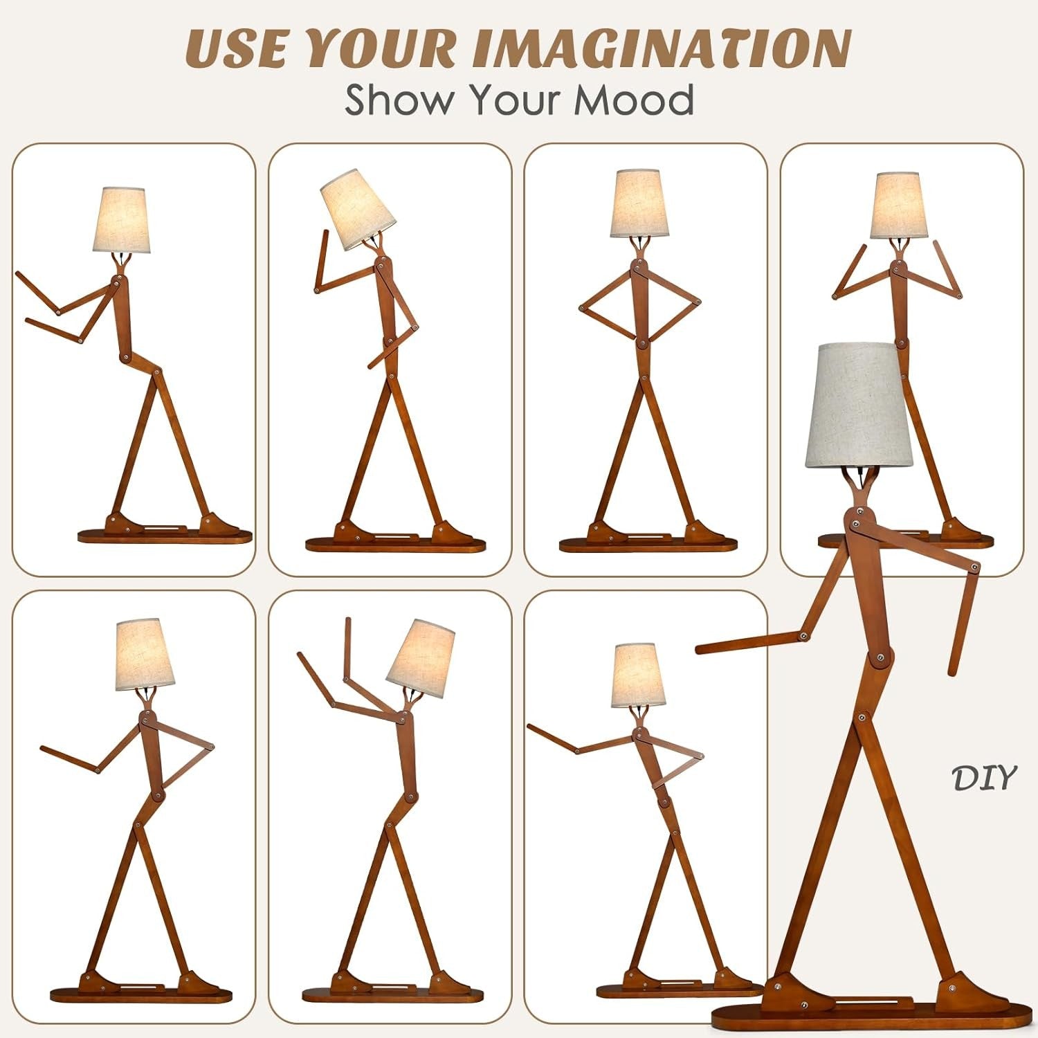 Wooden Floor Lamp Adjustable Joints Fabric Shade Creative Standing Light