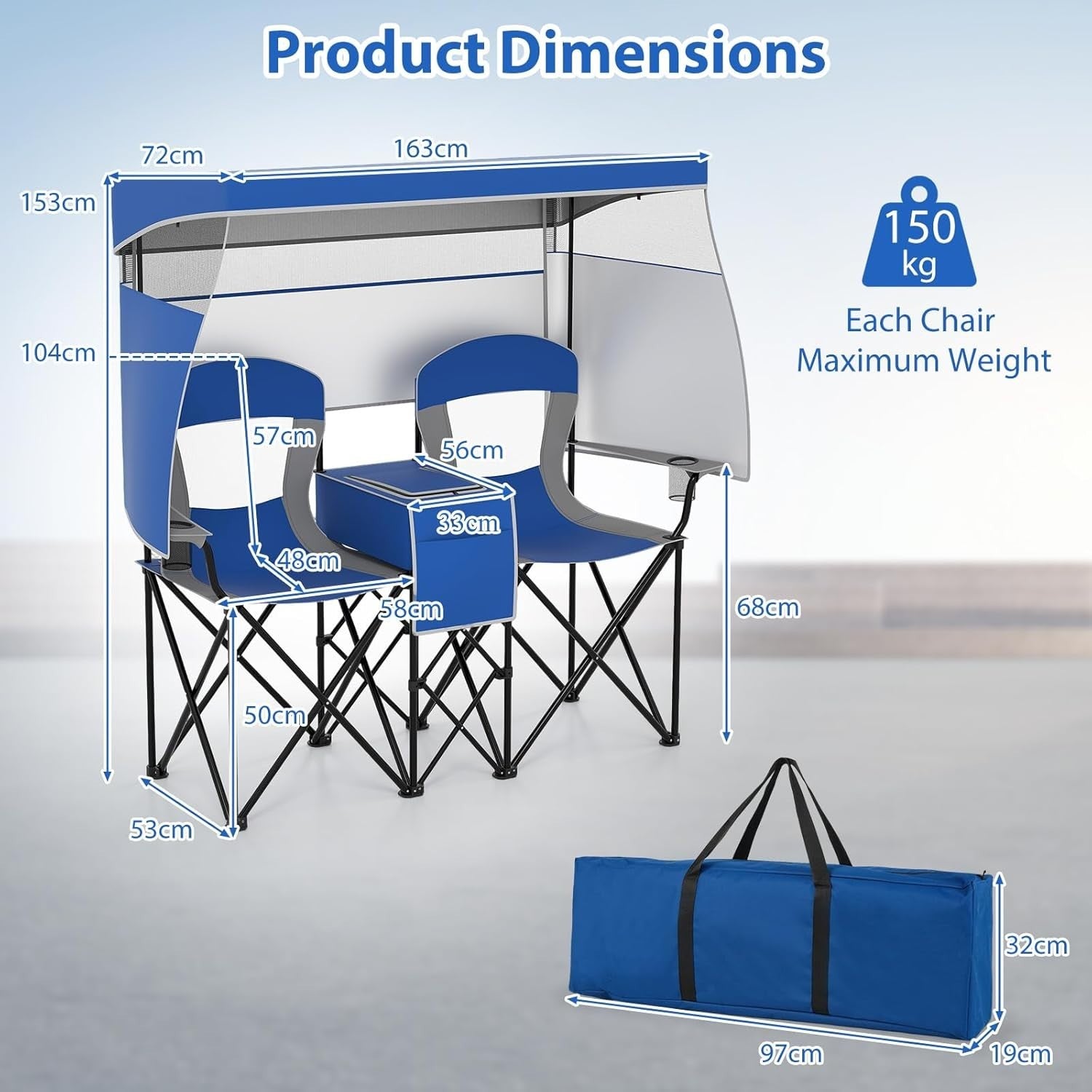 2 Seater Folding Camping Chair with Canopy, Cup Holders & Storage – Navy