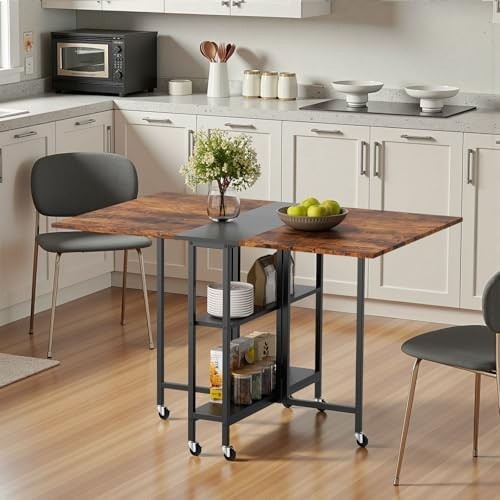 Brown + Black Folding Drop Leaf Dining Table with Shelves & Wheels