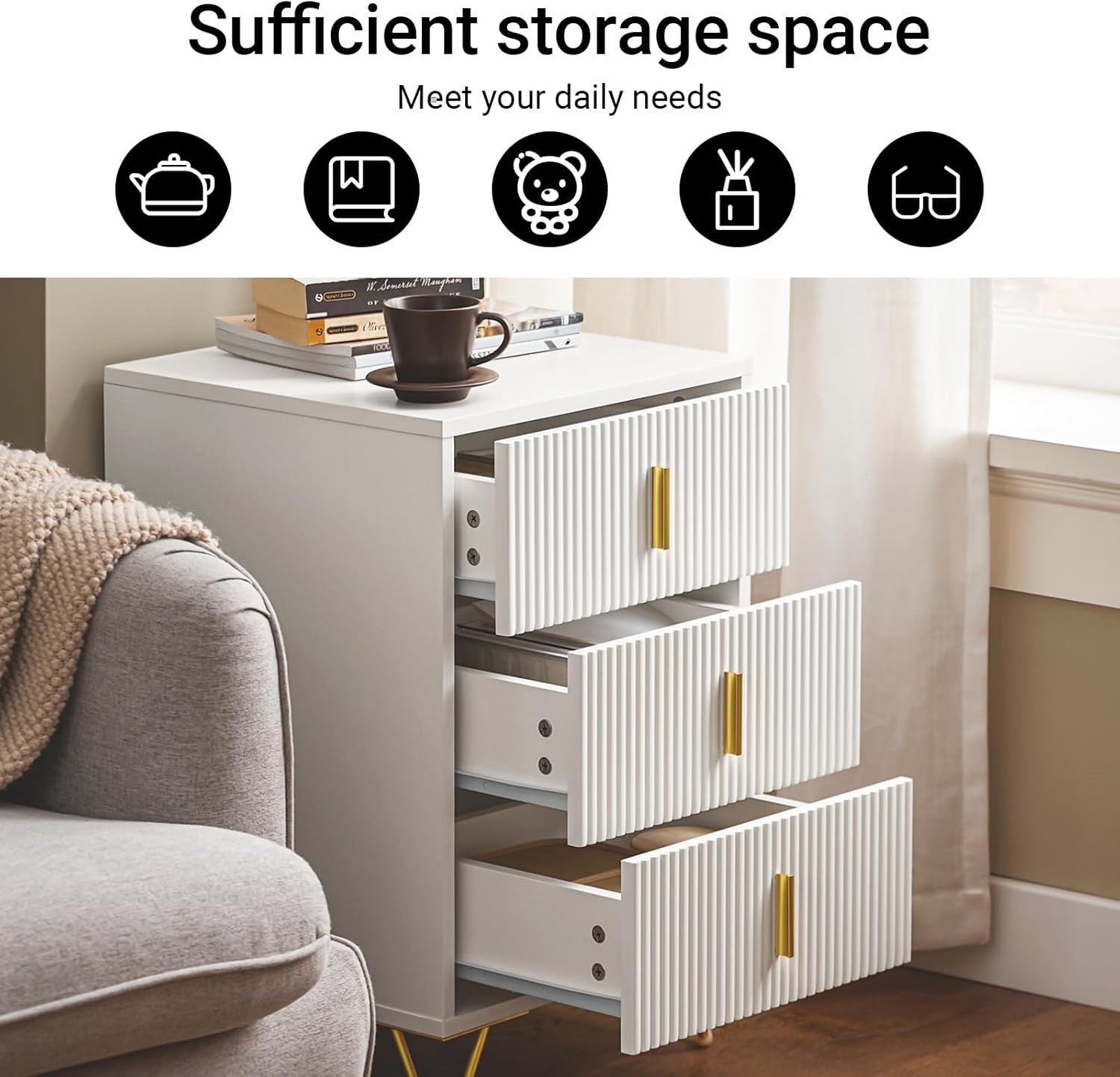 Modern White Bedside Table with 3 Drawers – Gold Legs Bedroom Cabinet