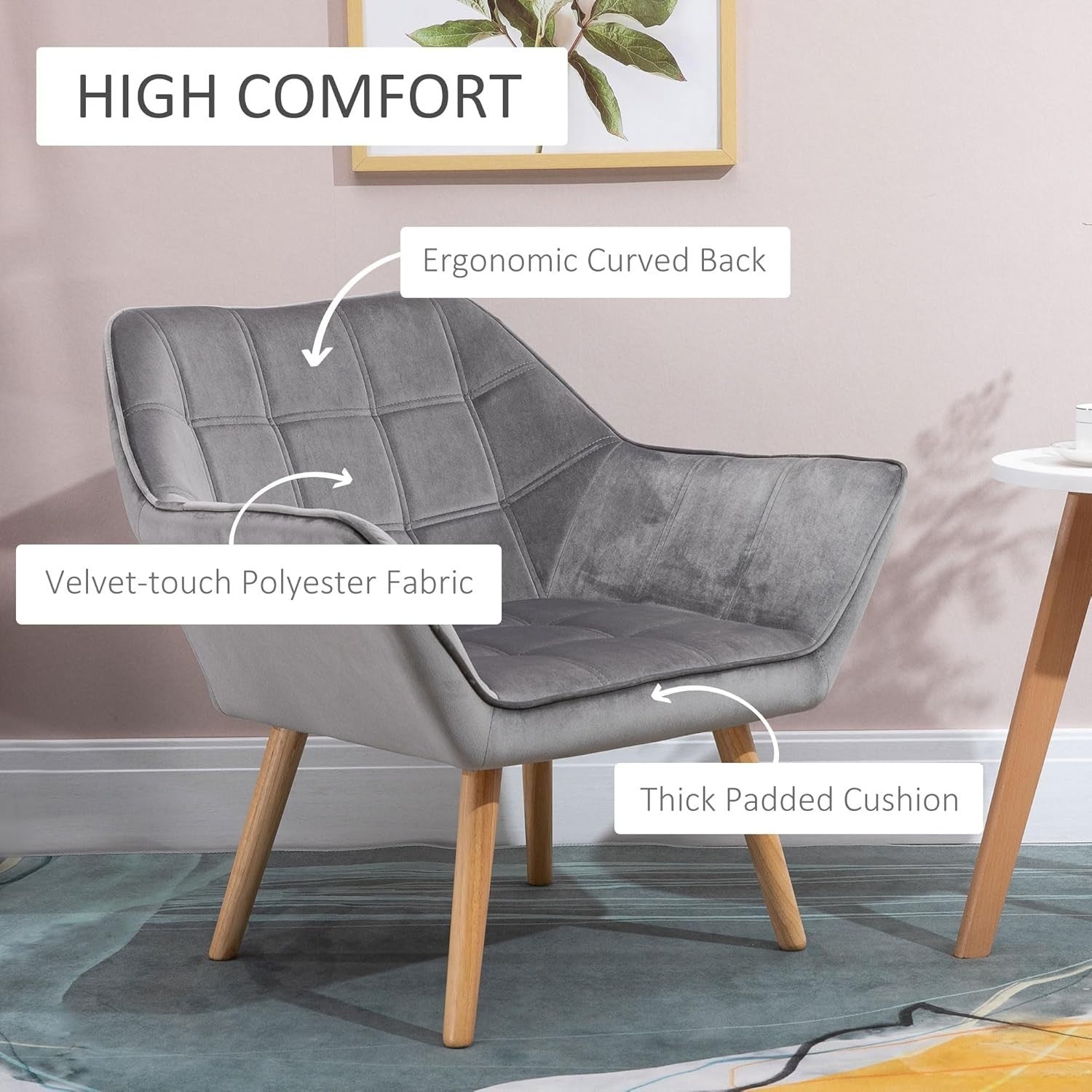 Grey Velvet Armchair Wide Arm Accent Chair Modern Bedroom Lounge Seat