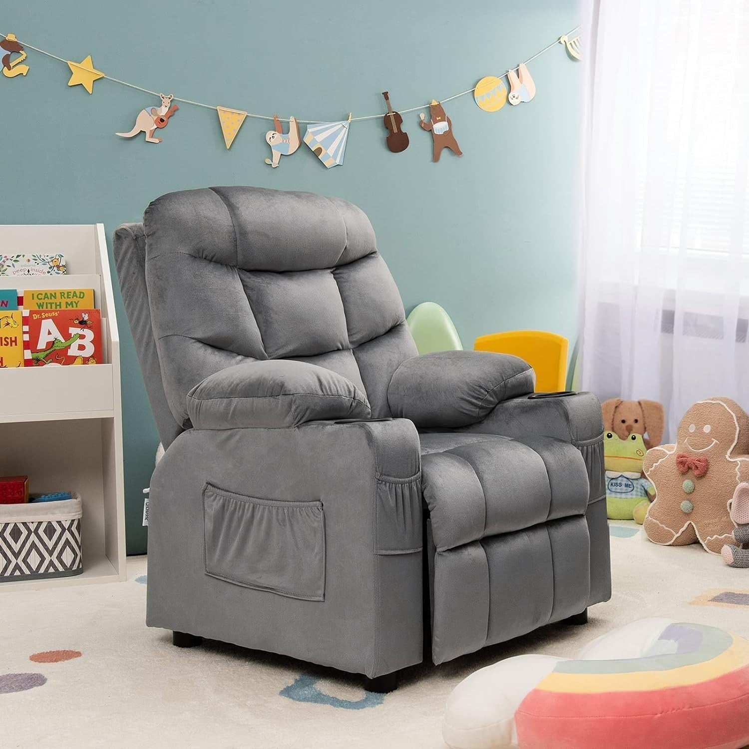 Adjustable Kids Recliner Chair with Footrest, Cup Holders & Side Pockets