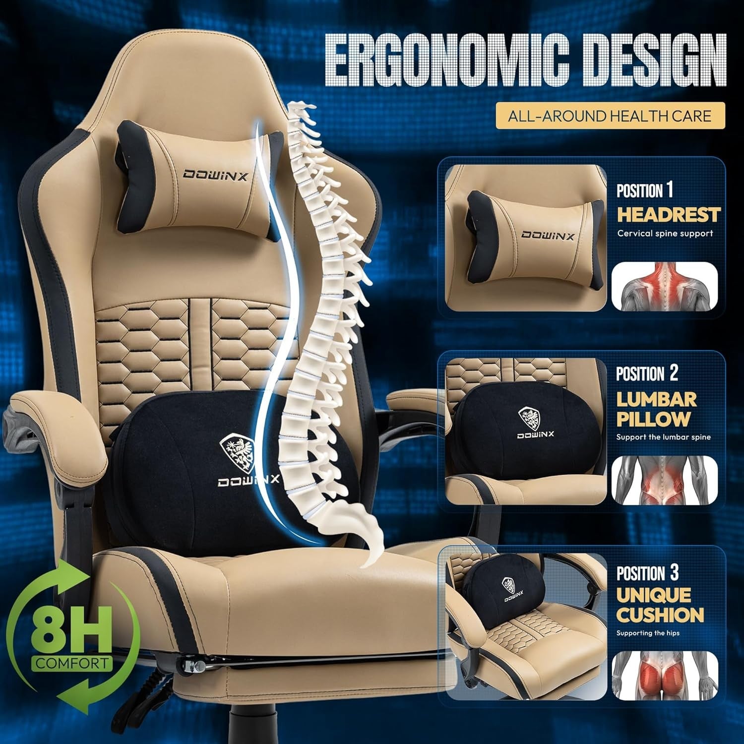 Gaming Chair Heated Massage Recliner w/ Footrest 150kg