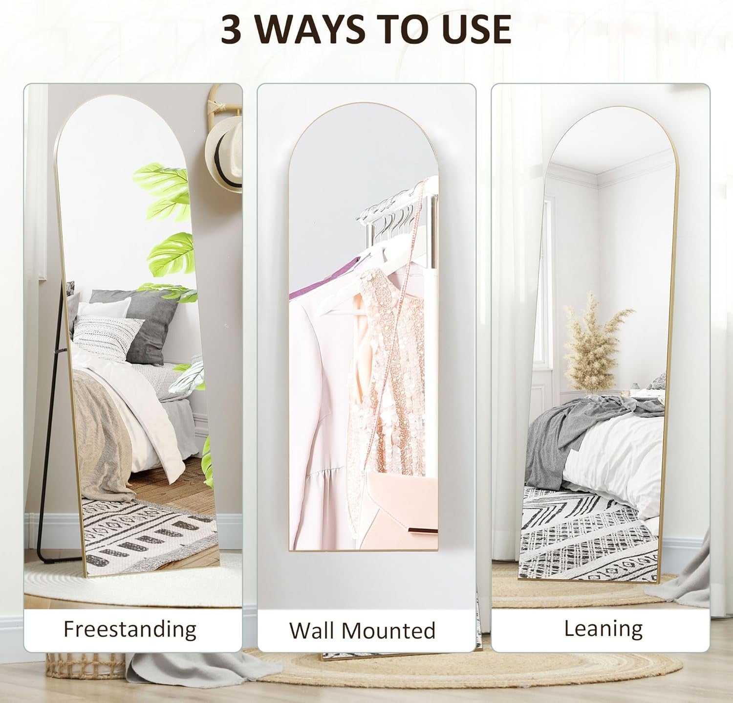 Full Length Arched Frameless Wall Mirror 50x150cm Gold Tone Stand Lean