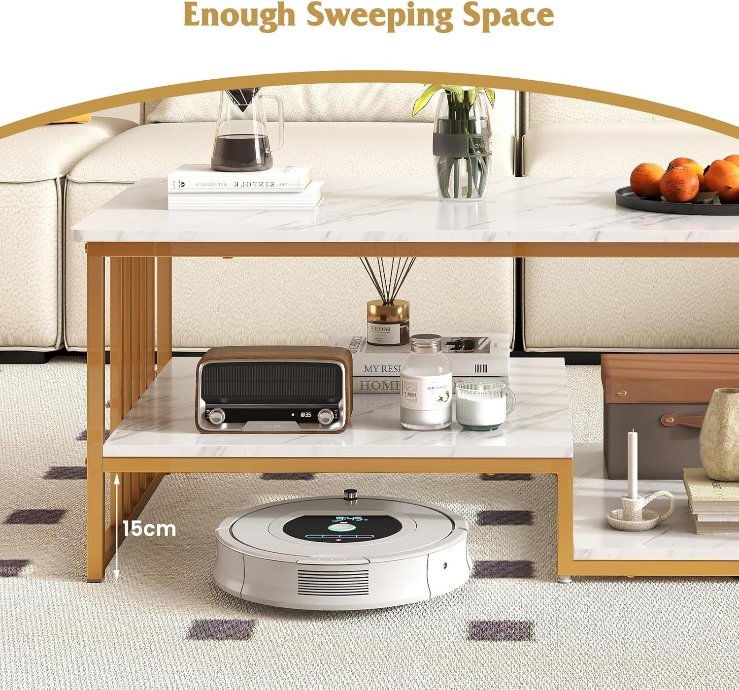 Modern Faux Marble Coffee Table 2-Tier Rectangular with Storage Shelf 110x60cm