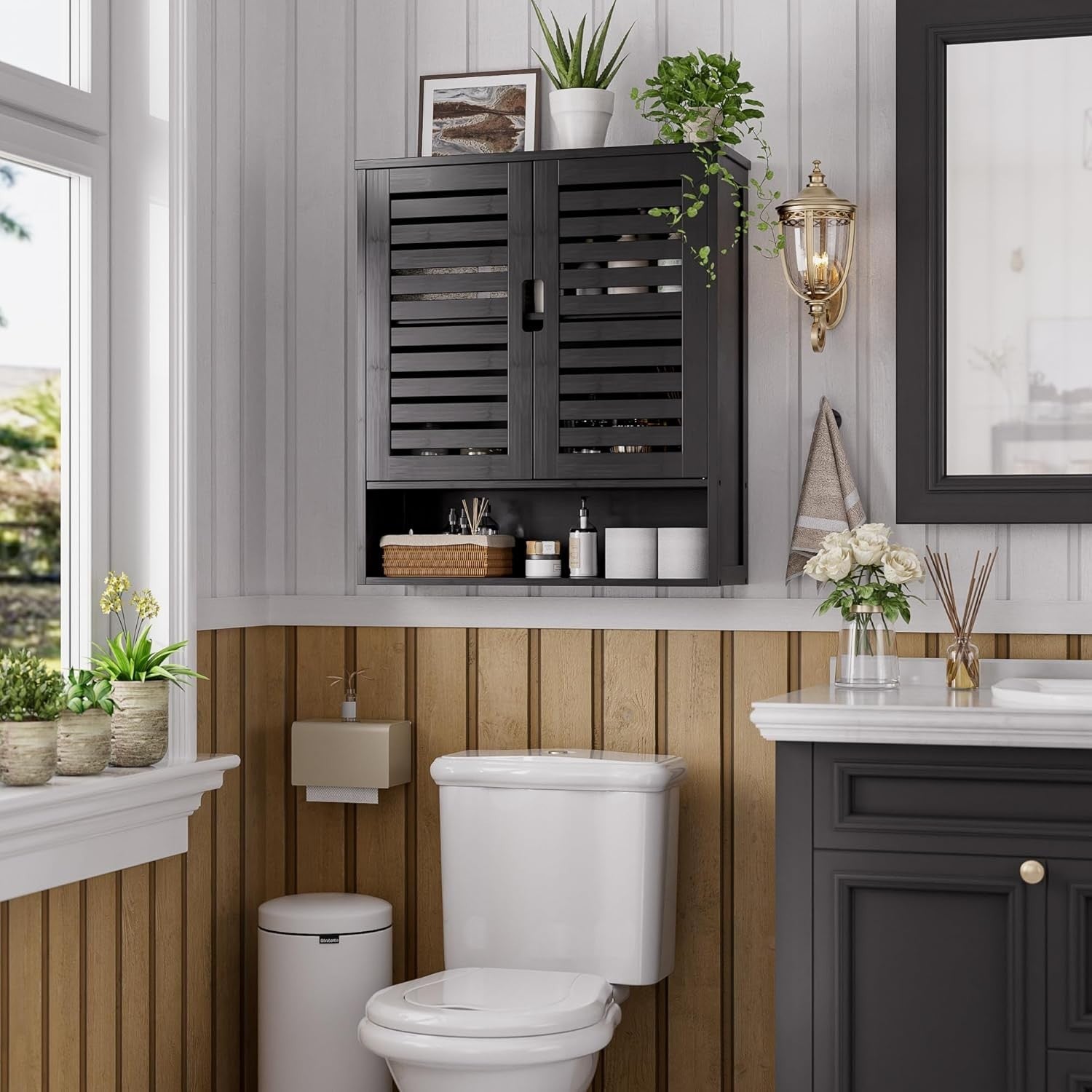Black Bathroom Wall Cabinet – Over Toilet Storage, 2 Doors, Adjustable Shelves