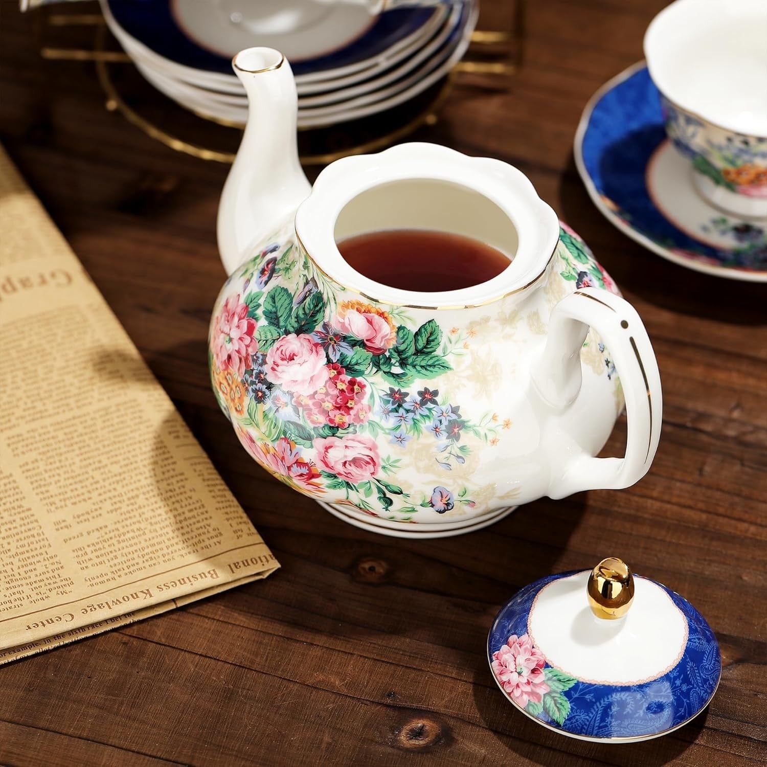 15 Piece Bone China Tea Set Floral Teapot Cups Saucers Vintage Afternoon Tea