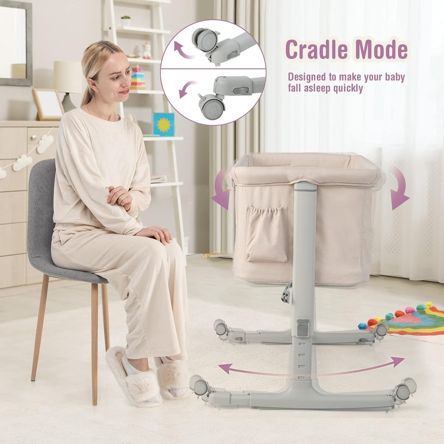 3-in-1 Baby Bedside Crib with Adjustable Heights, Mattress & Carry Bag Beige