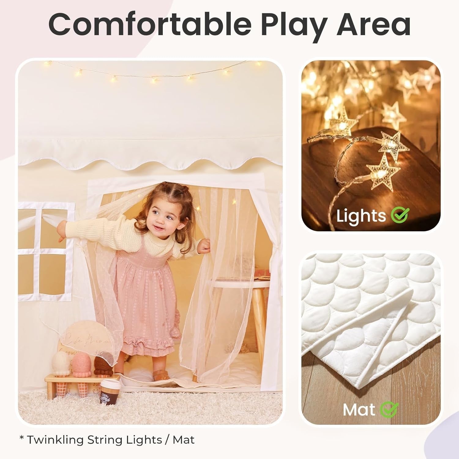 Large Kids Play Tent Indoor Outdoor w Lights Mat Castle Playhouse