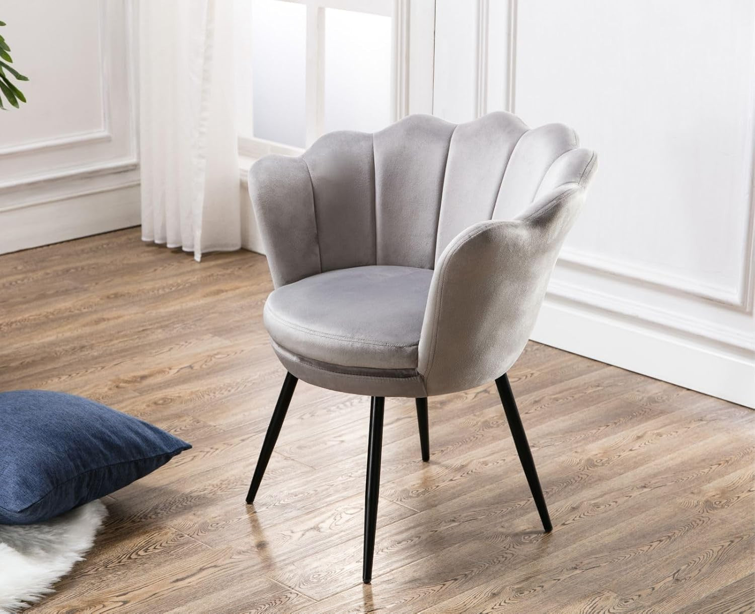 Grey Velvet Lounge Chair Gold Legs | Petal Back Armchair for Bedroom