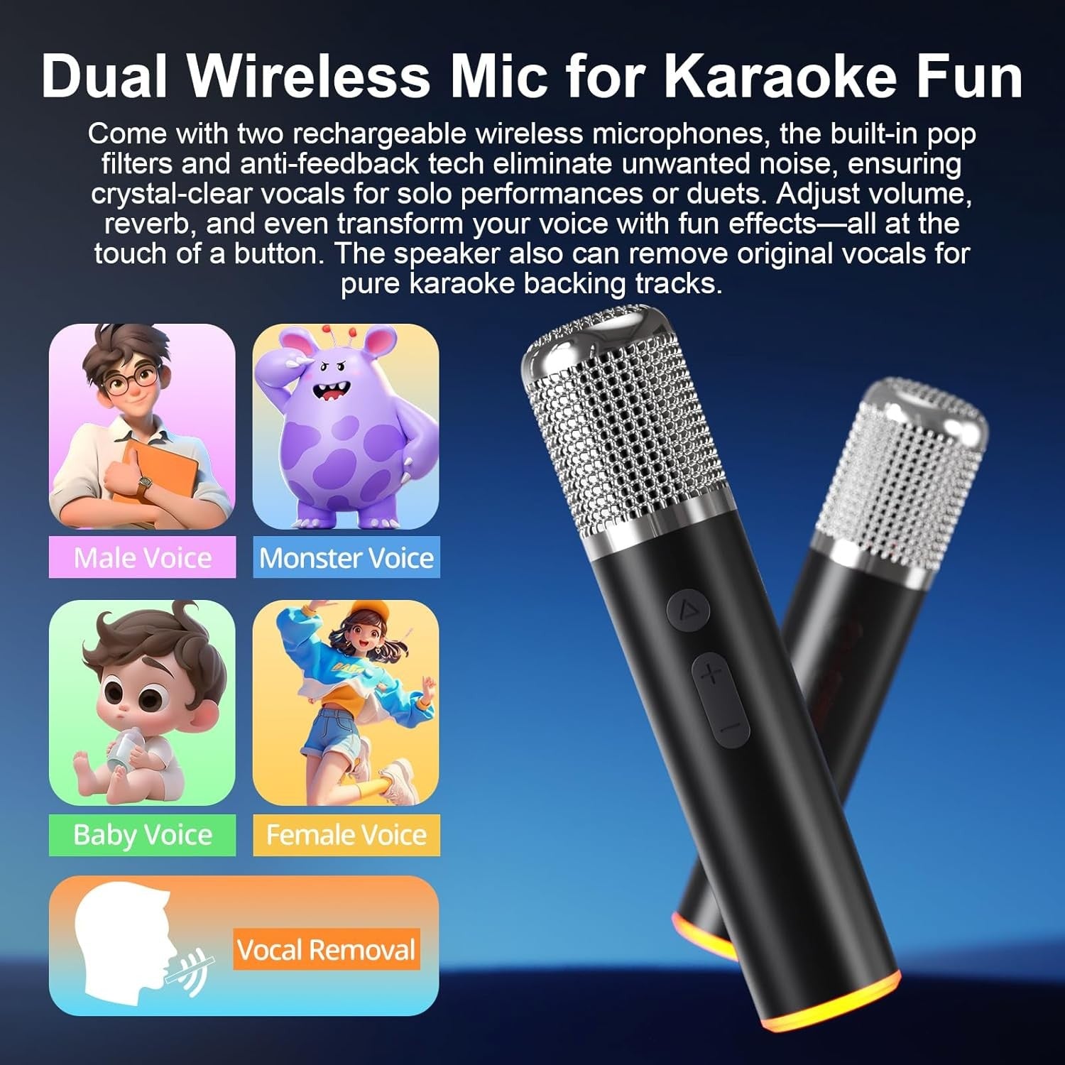 Black Bluetooth Karaoke Speaker with 2 Wireless Mics RGB Party