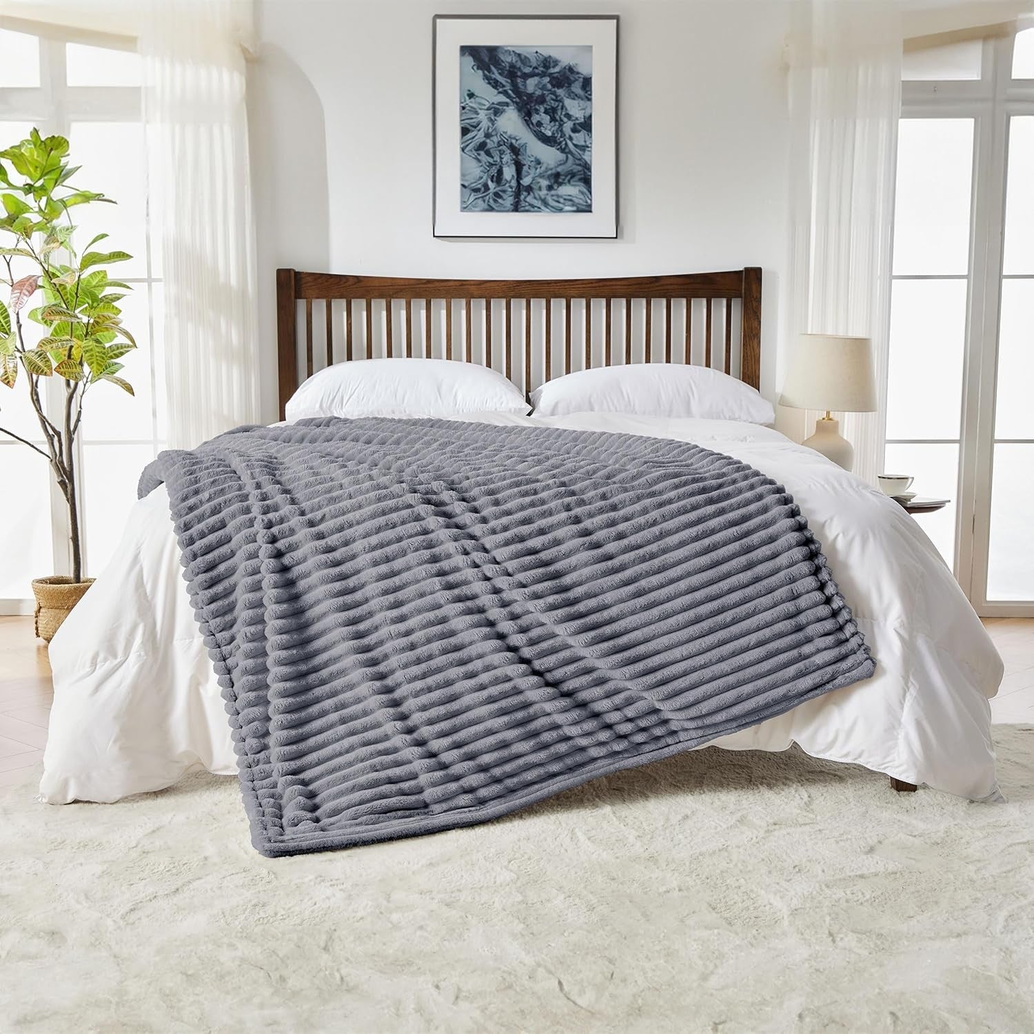 Electric Heated Blanket Throw Fleece Grey Overblanket Timer Washable