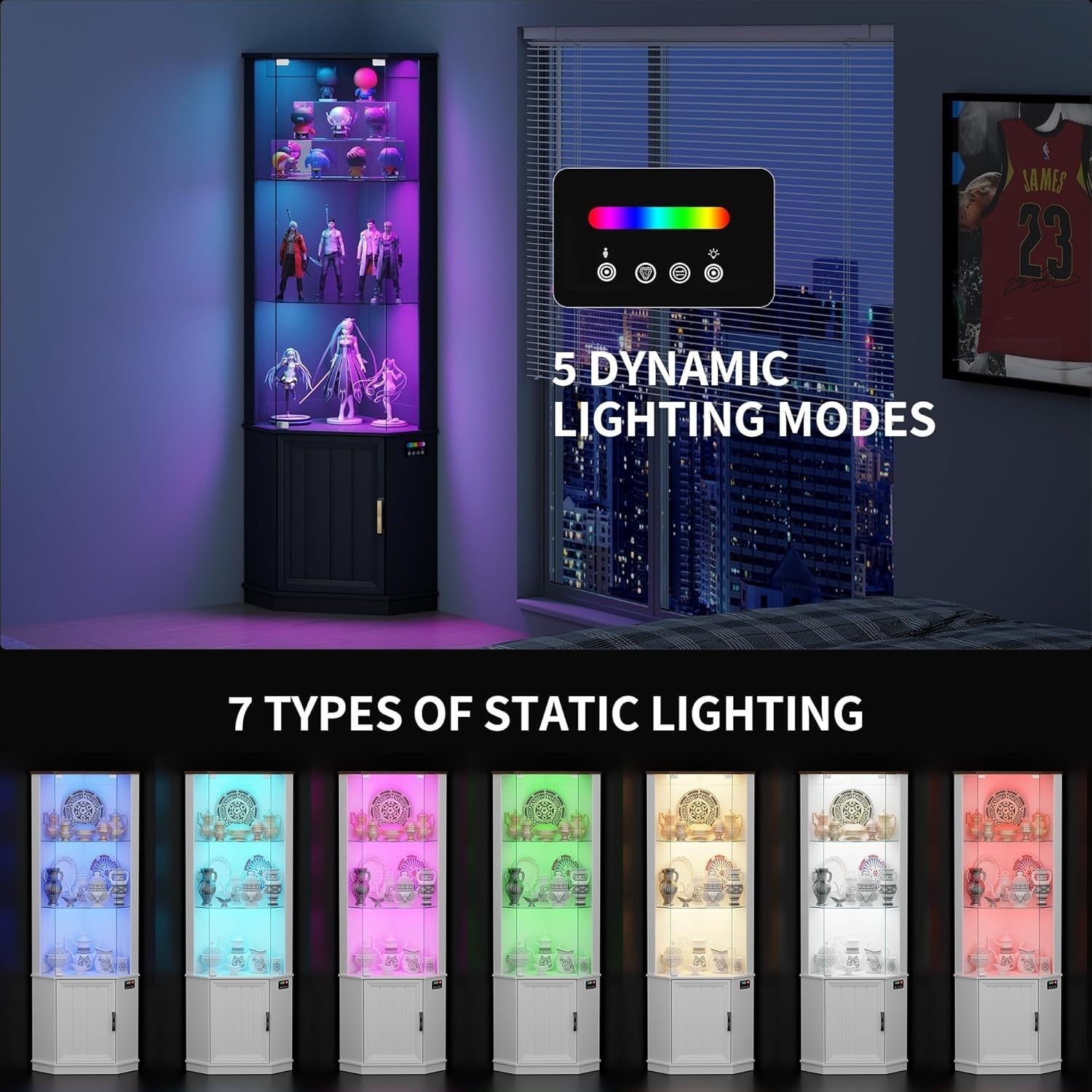 3-Tier Glass Display Cabinet with Motion Sensor & RGB Lights, 69" Corner Shelf