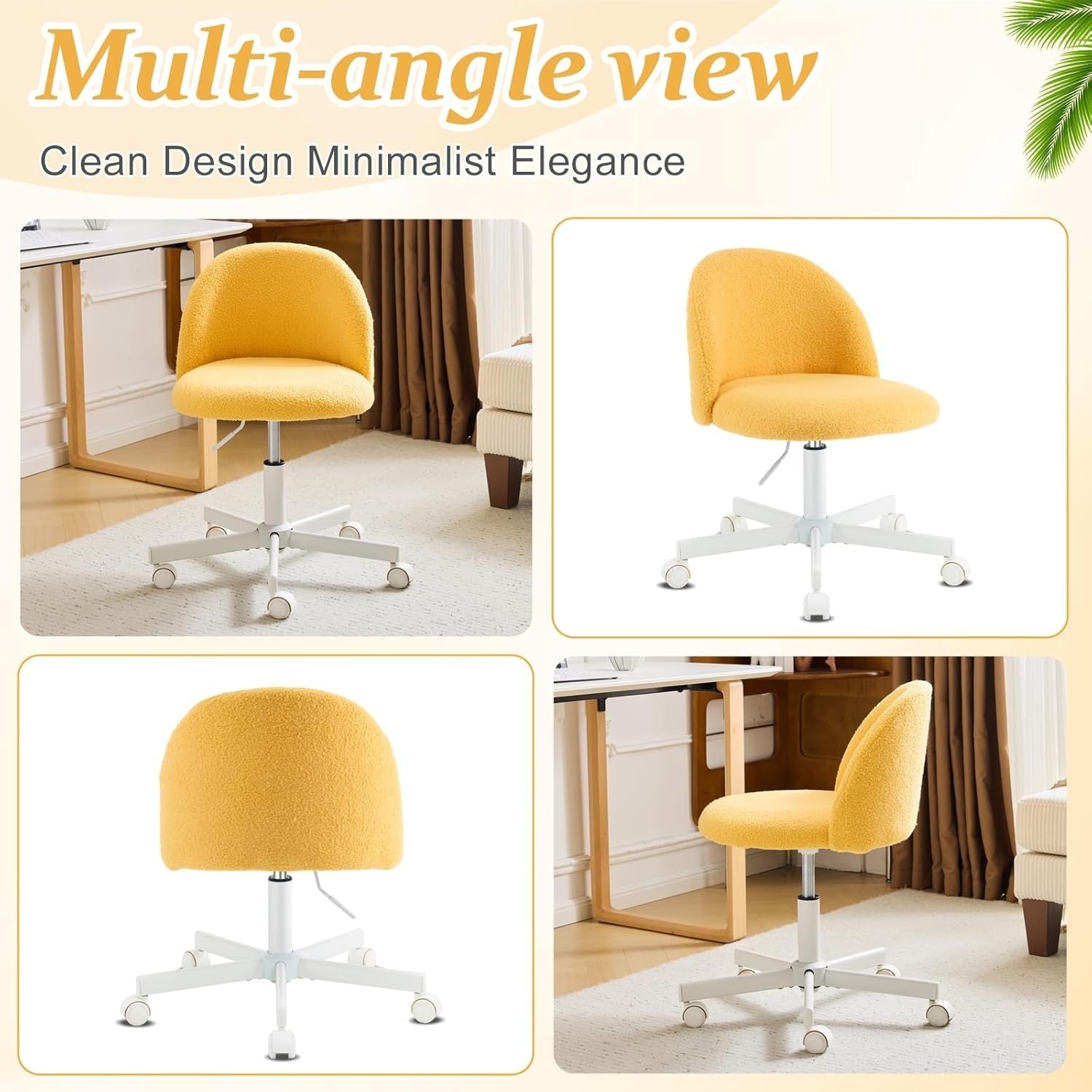 Yellow Teddy Fleece Swivel Desk Chair Small Adjustable Height Vanity Seat