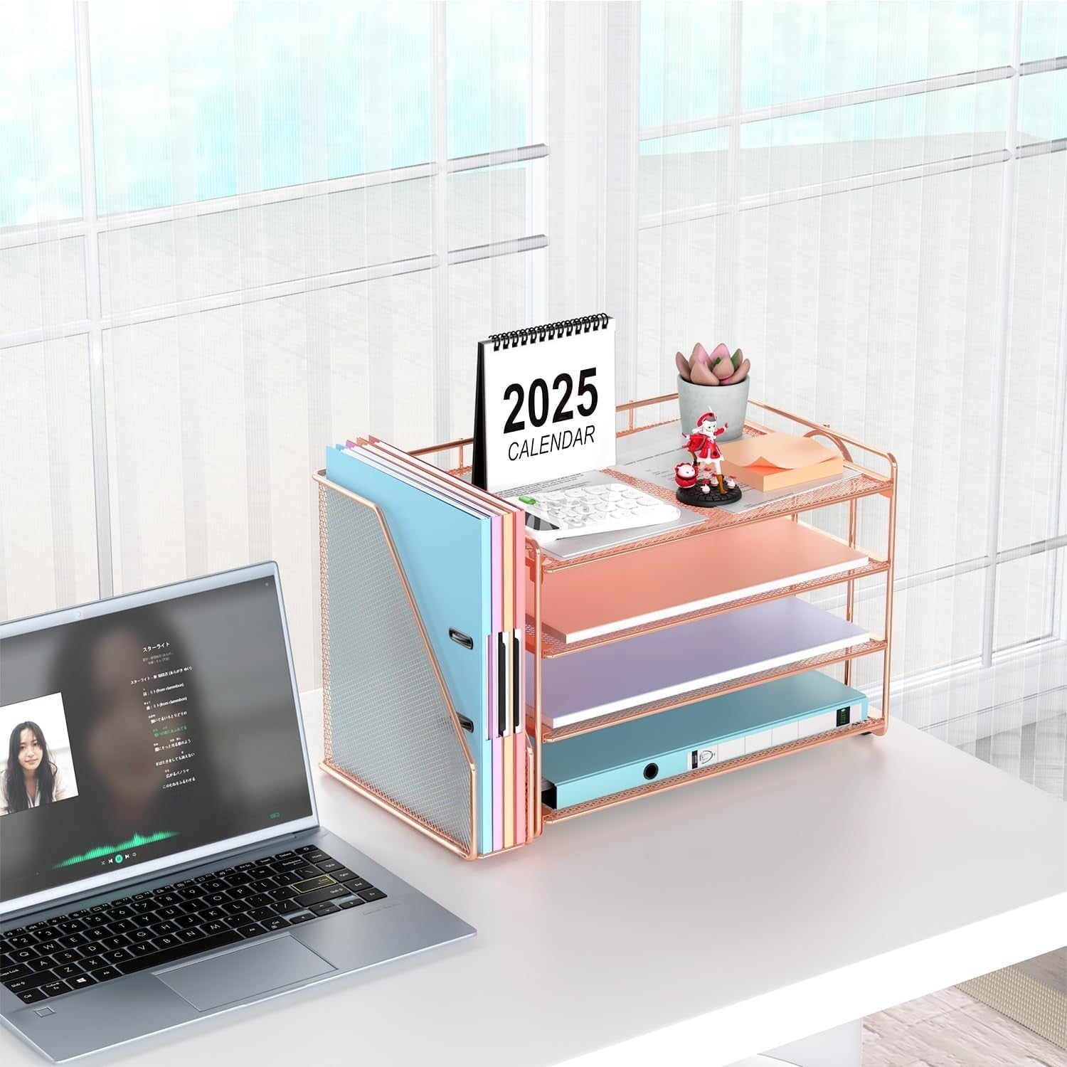 Large Desk Organizer with 4-Tier Paper Tray & Detachable Magazine Holder