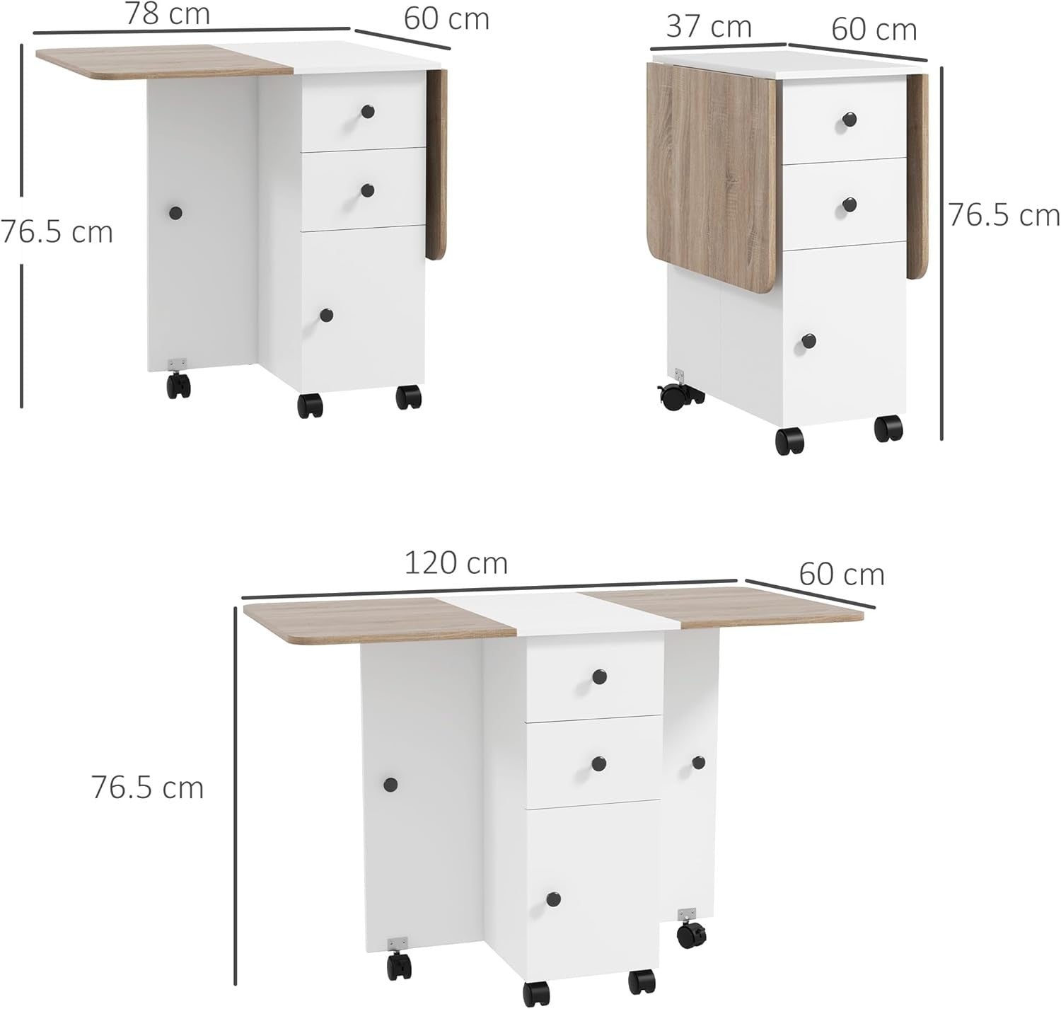 Folding Drop Leaf Dining Table 4-6 Seater on Wheels with Storage Oak and White