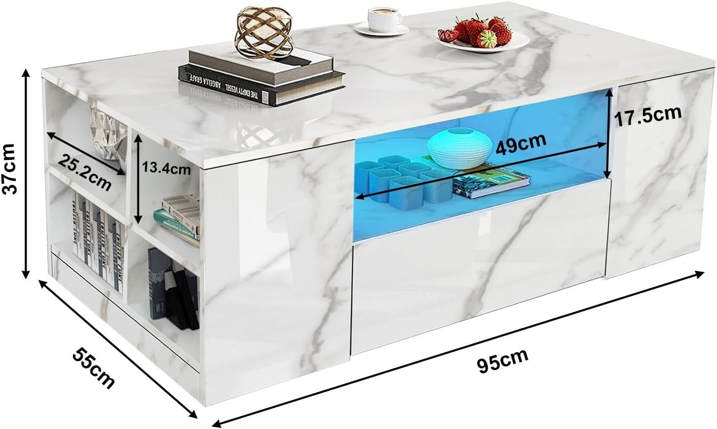 White Marble High Gloss Coffee Table with LED Lights, 2 Drawers & Storage