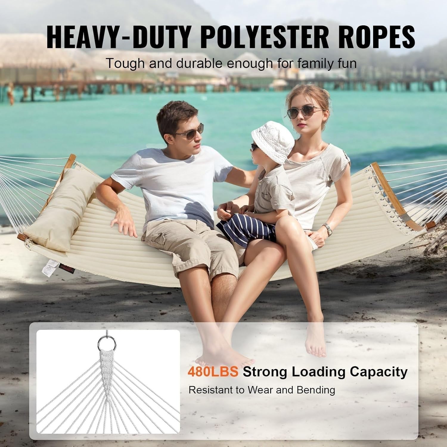 Luxury Quilted Hammock for 2 w/ Pillow & Spreader Bar – Indoor Outdoor