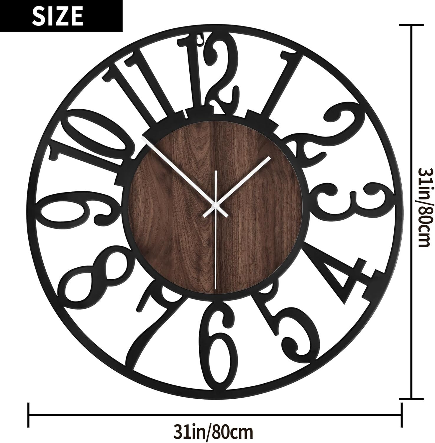 80cm Large Wall Clock Silent Black Arabic Wood Retro Loft Office Decor