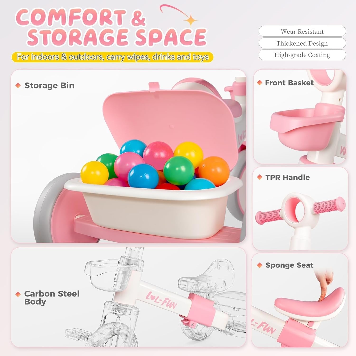 Kids Tricycle Toddler Bike Pink Adjustable Seat Storage Baskets 1-4Y