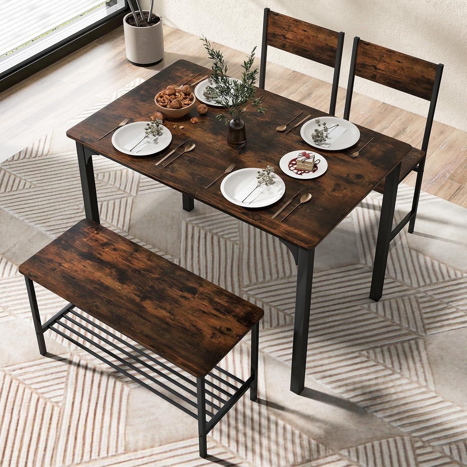 Rustic Brown Industrial Dining Set with Bench & Storage Shelf – Seats 4
