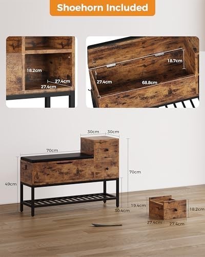 2-Tier Shoe Storage Bench with Drawers & Removable Cushion, Vintage Brown