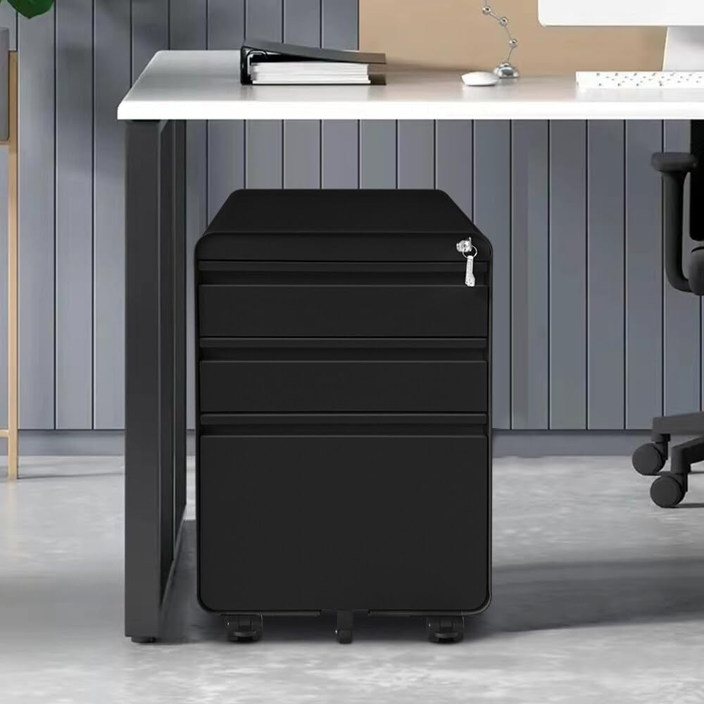 Black Mobile Metal Filing Cabinet 3 Drawer Printer Stand