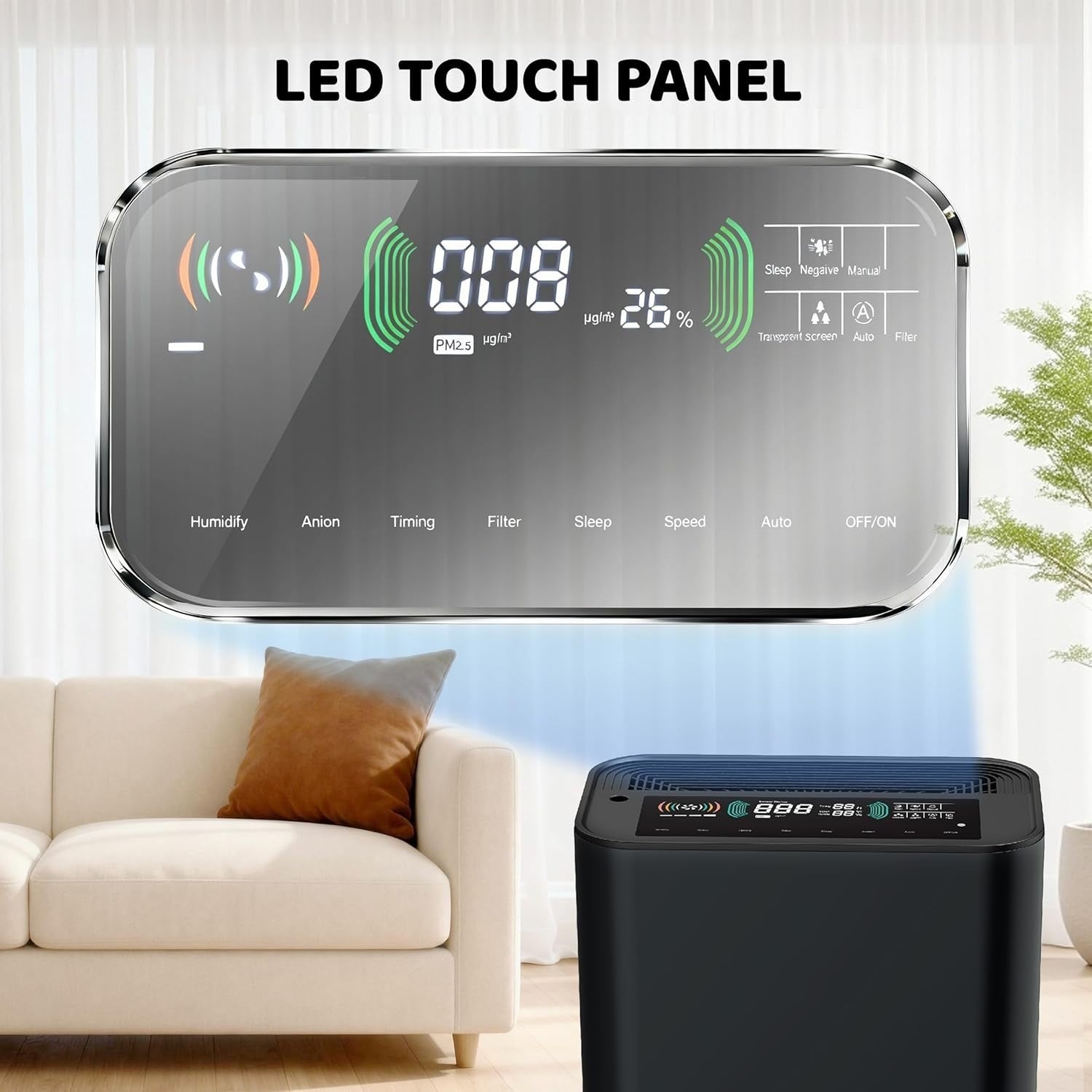 H13 HEPA Air Purifier CADR 330m³/h 80㎡ Auto Sleep Mode Humidifier