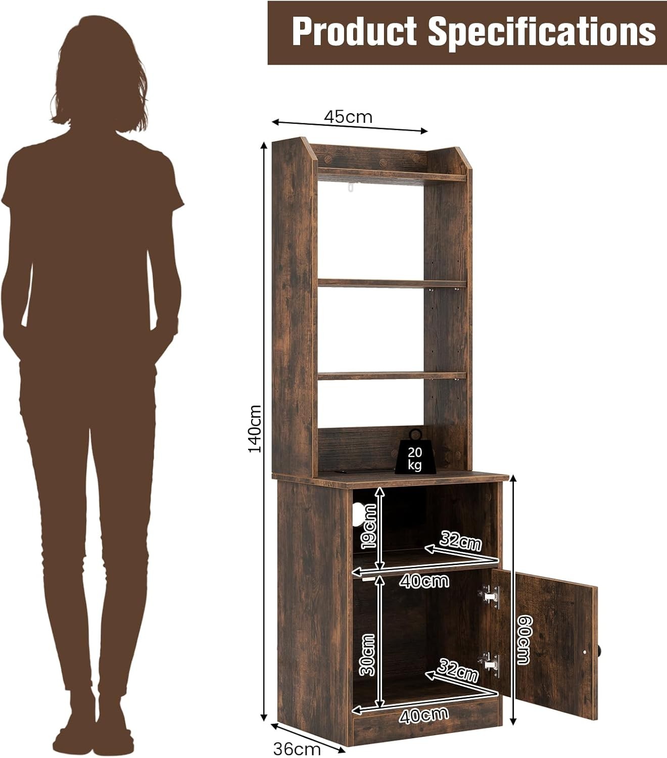 140cm Tall Rustic Brown Bedside Table with Charging Station & Adjustable Bookshe