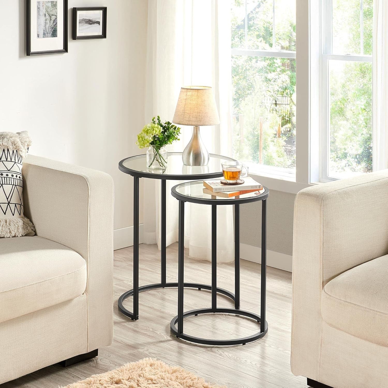 Nesting Round Side Tables Set of 2 Black Tempered Glass Metal End Coffee Sofa