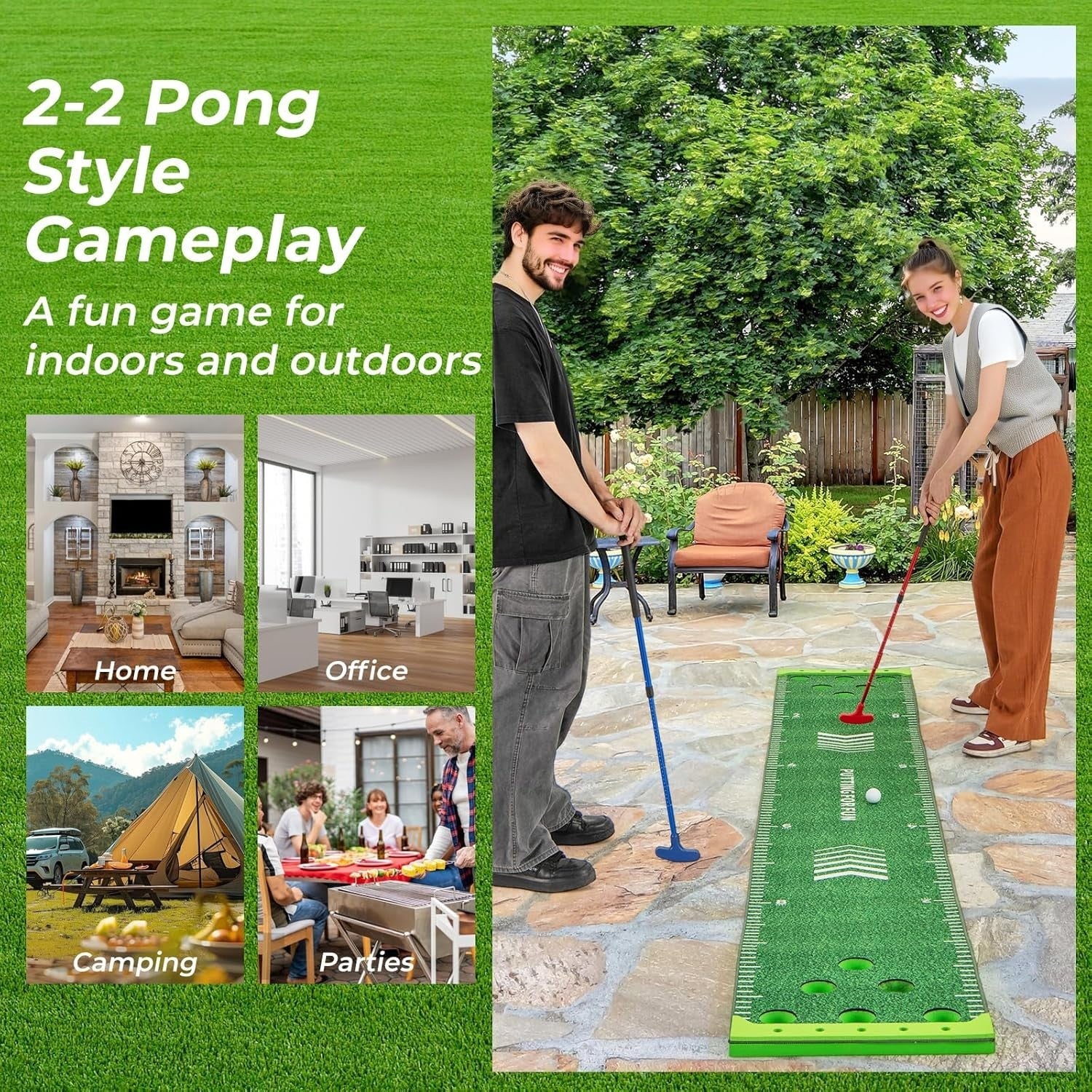 Portable Golf Pong Putting Green Game Set Indoor Outdoor w Putters Balls Bag
