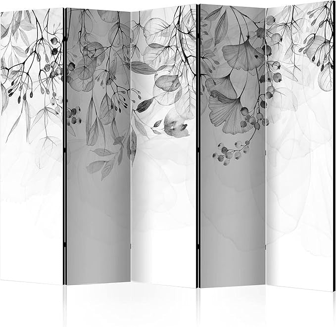 Grey Leaf 5 Panel Folding Room Divider 225x172cm Double Sided Screen