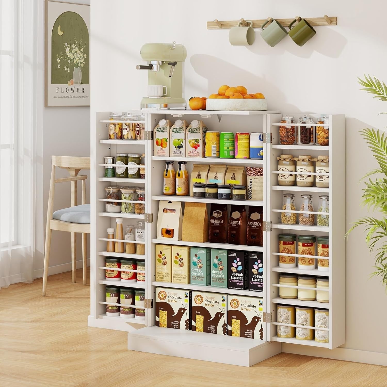 Compact White Pantry Cabinet with 2 Doors and 17 Storage Shelves