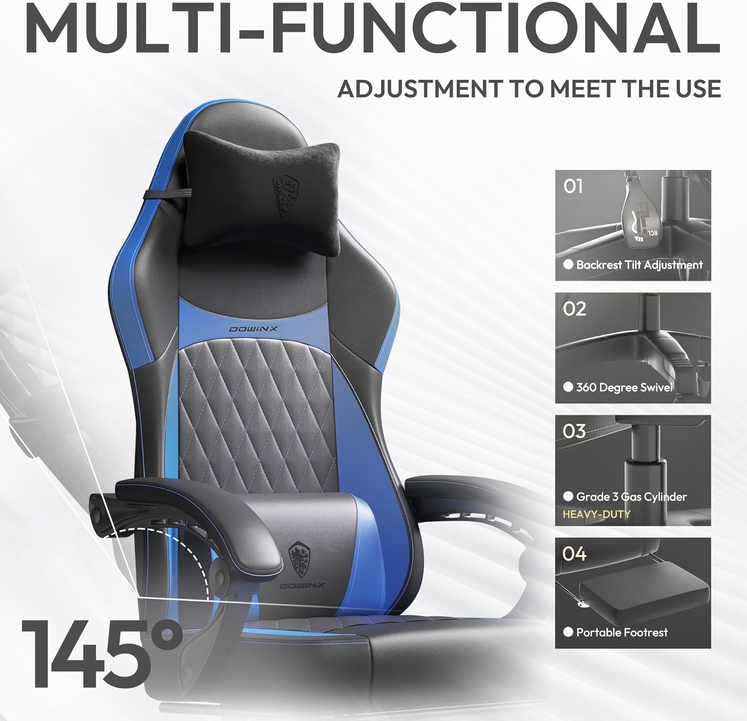 Ergonomic Gaming Chair Recliner w/ Footrest Massage 90–145°