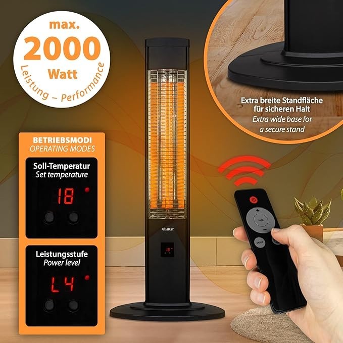 Outdoor Infrared Patio Heater 2000W Remote Control 4 Heat Levels Timer Safe