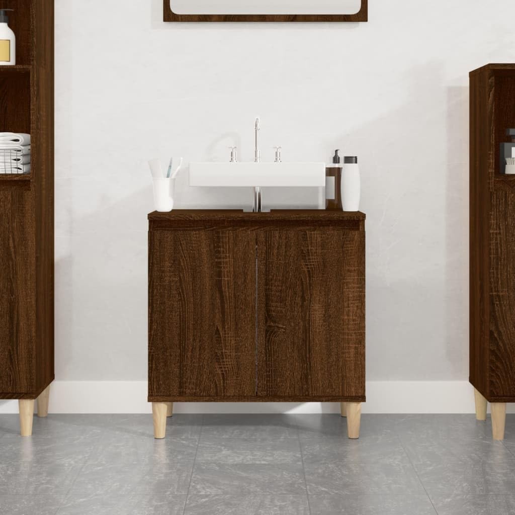 Grey Oak Under Sink Bathroom Cabinet – Scandinavian Vanity Storage Unit 58x33x60