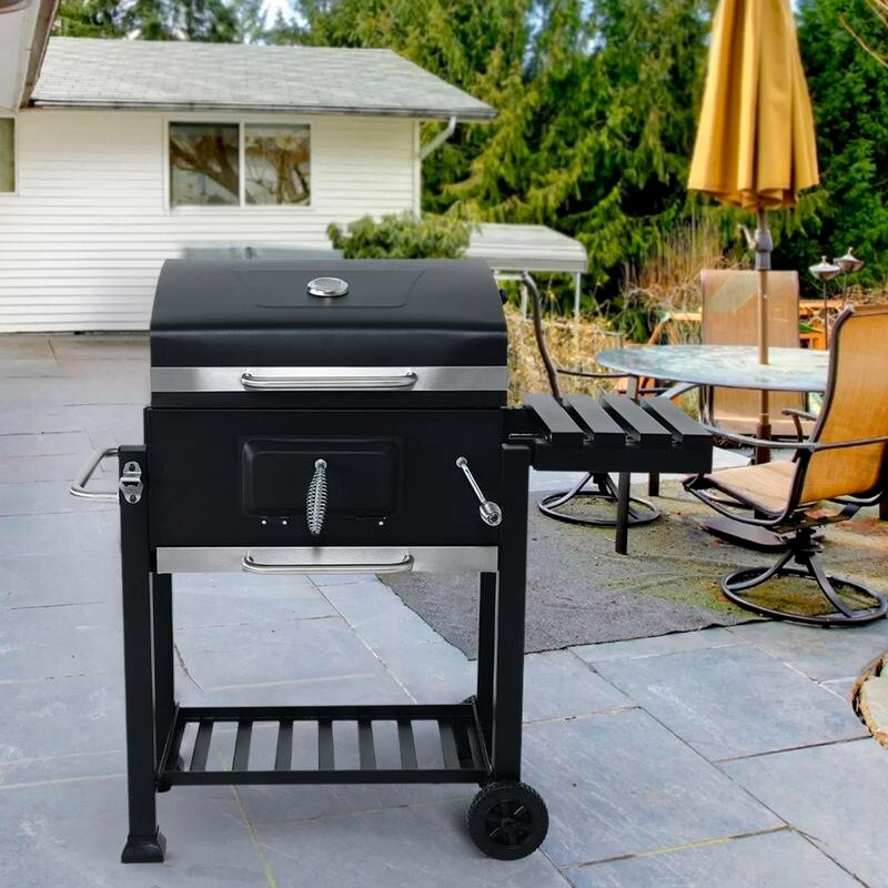 Outdoor Charcoal BBQ Grill with Wheels, Thermometer & Side Racks – 113cm