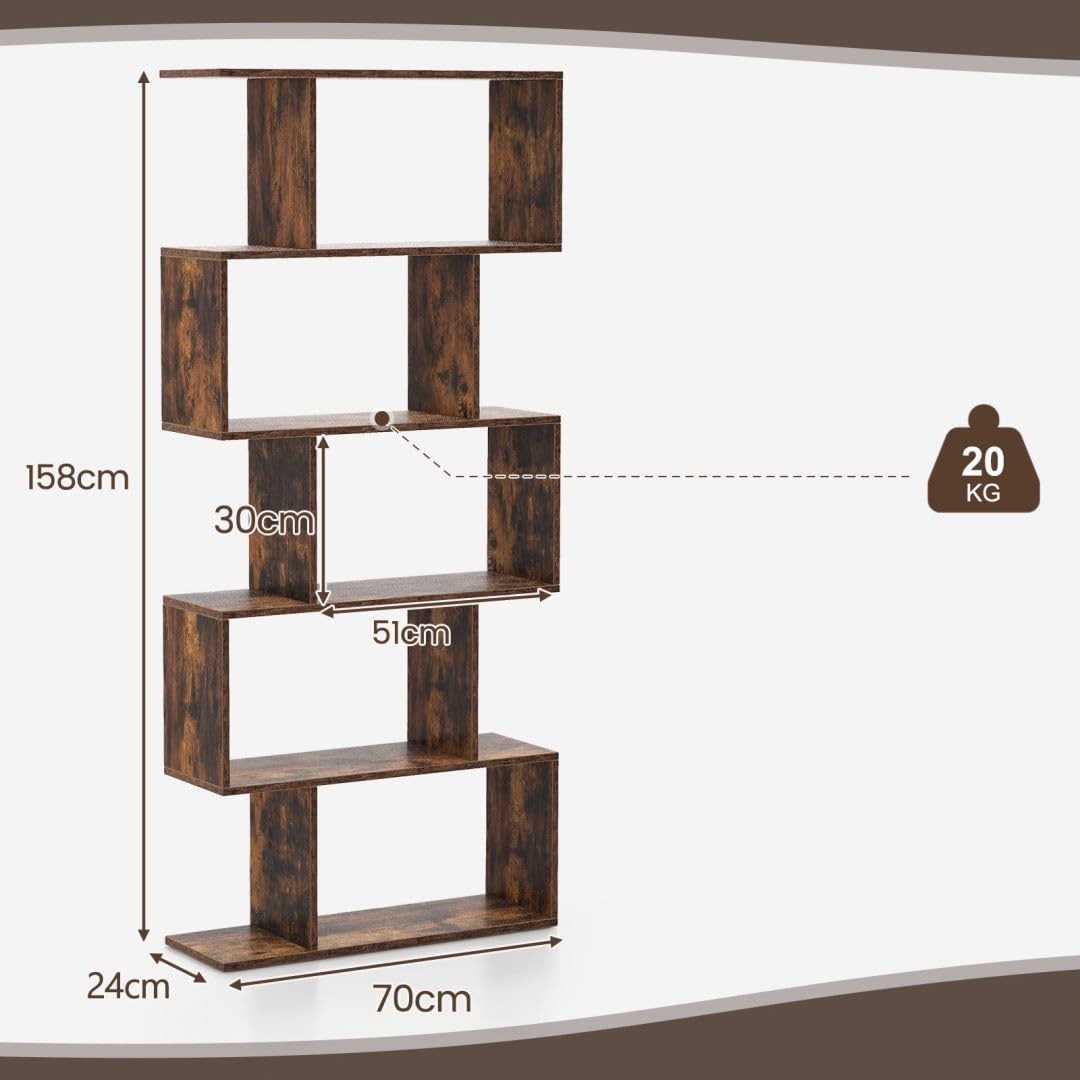 Rustic Brown S-Shaped 5/6 Tier Bookcase Modern Display Shelf Freestanding Unit
